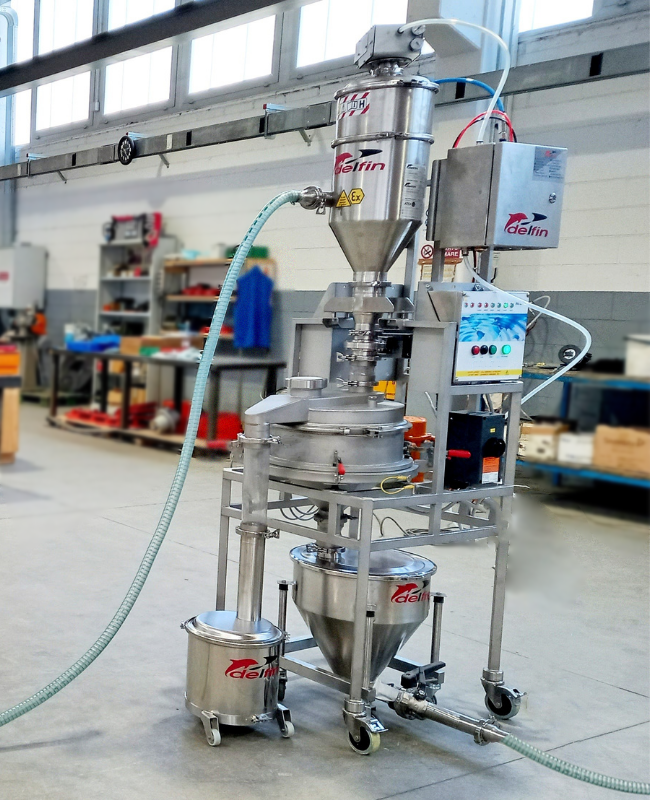 Carga y descarga de cribas vibratorias para la industria de la impresión 3D - Solución Delfin Pneumatic Conveyors